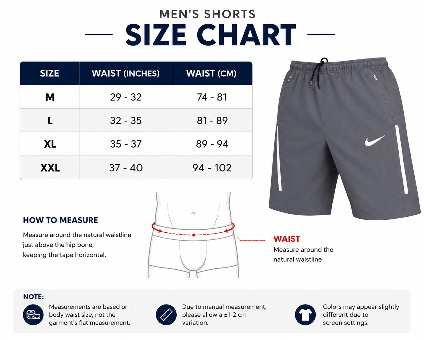 Size chart for Mens Sports Dri-FIT Shorts
